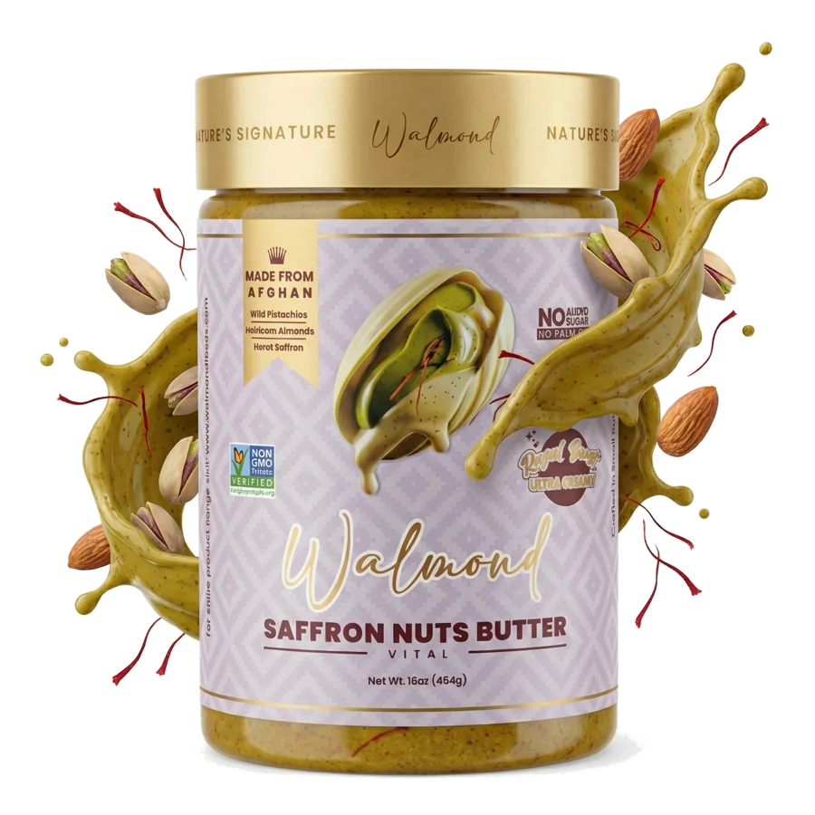 Walmond Saffron Nuts Butter jar with a splash of golden saffron butter, wild pistachios, almonds and saffron threads